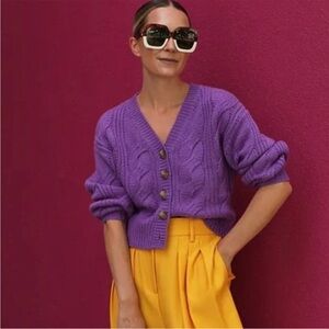 Naadam Wool Cashmere Cable Knit Cropped Cardigan in Iris Purple Size XS